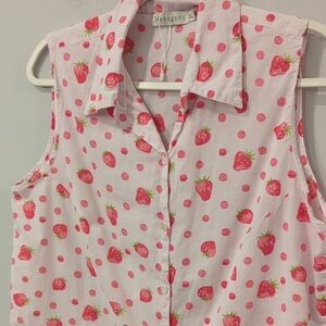 Strawberry Print Button Down Shirt‎ Sleeveless size XL Cotton Lightweight
